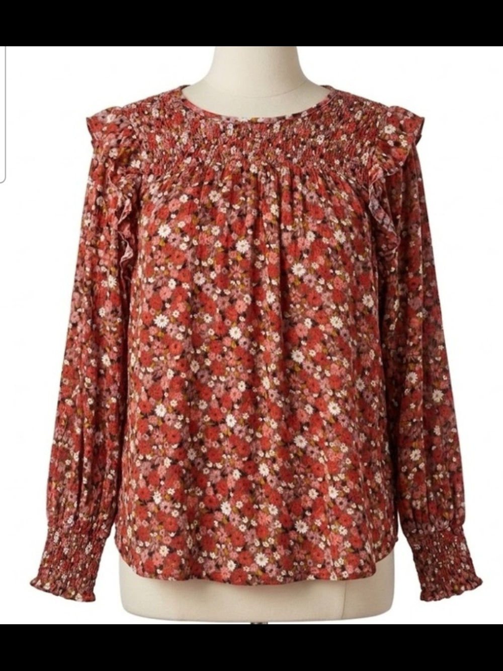 Knox Rose Smocked Yoke Floral Long-Sleeve Blouse - Rust Floral Size S NWOT